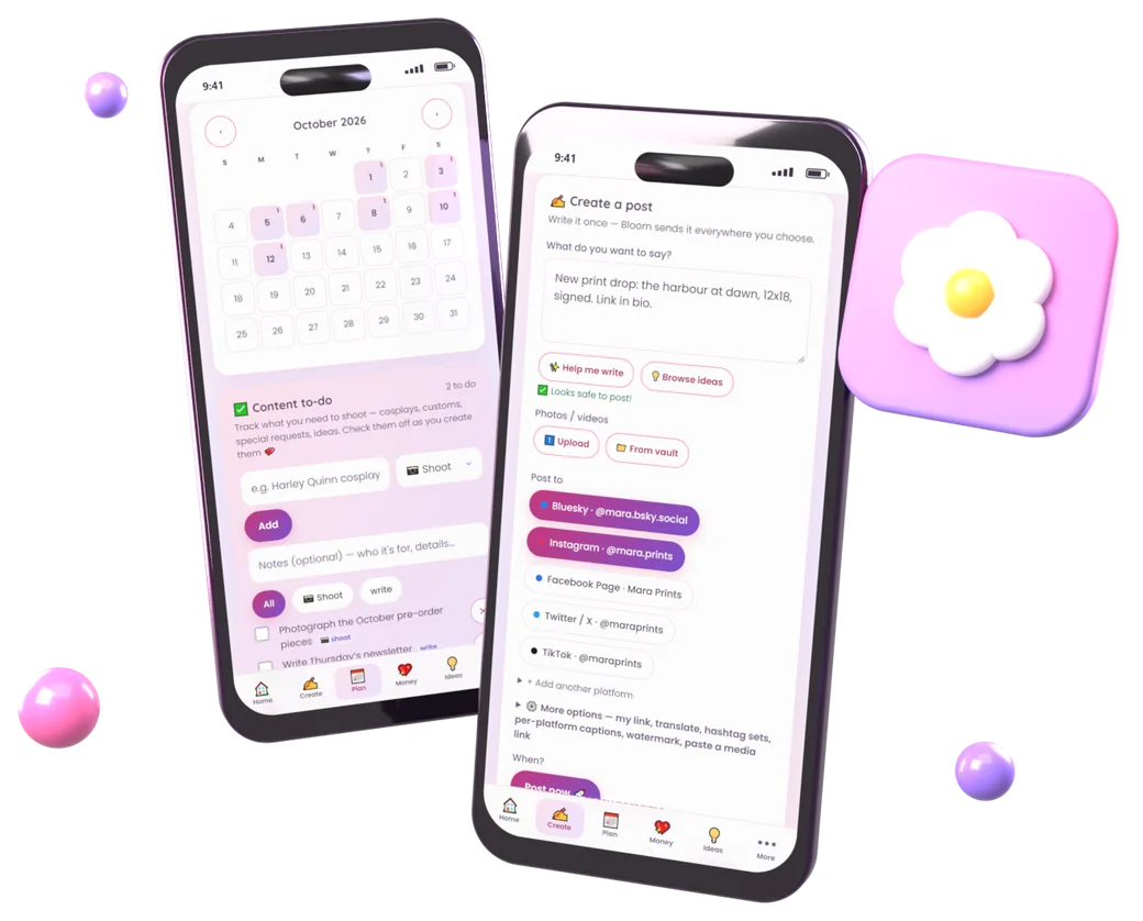 The Bloom app on two phones: one post being written for Bluesky and Instagram, and the month’s posting calendar.